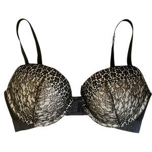 Victoria’s Secret push-up eyelash lace bra in black / nude, size 34D